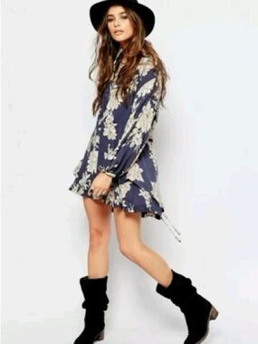 Free People Navy Blue Floral Long-Sleeve Mini Dress